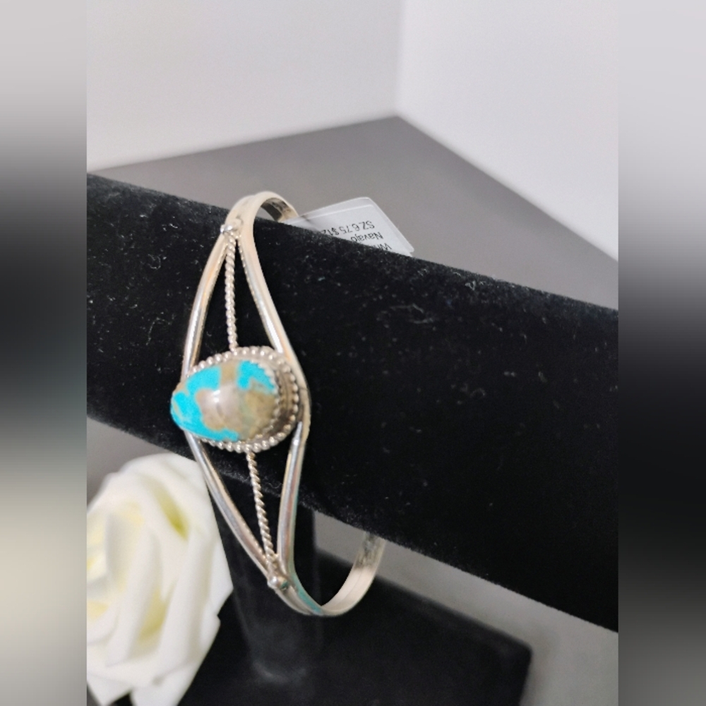 Esther White Kingman Turquoise Navajo 6.75 Sterling Silver Cuff Bracelet